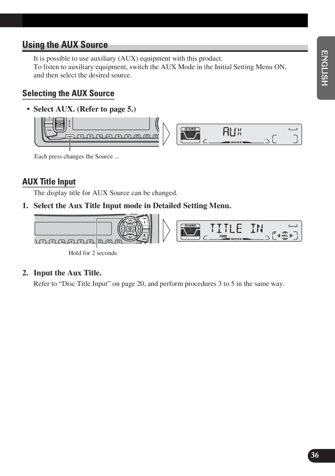 Pioneer DEH-P3150-B operation manual Using the AUX Source, Selecting the AUX Source, AUX Title Input 