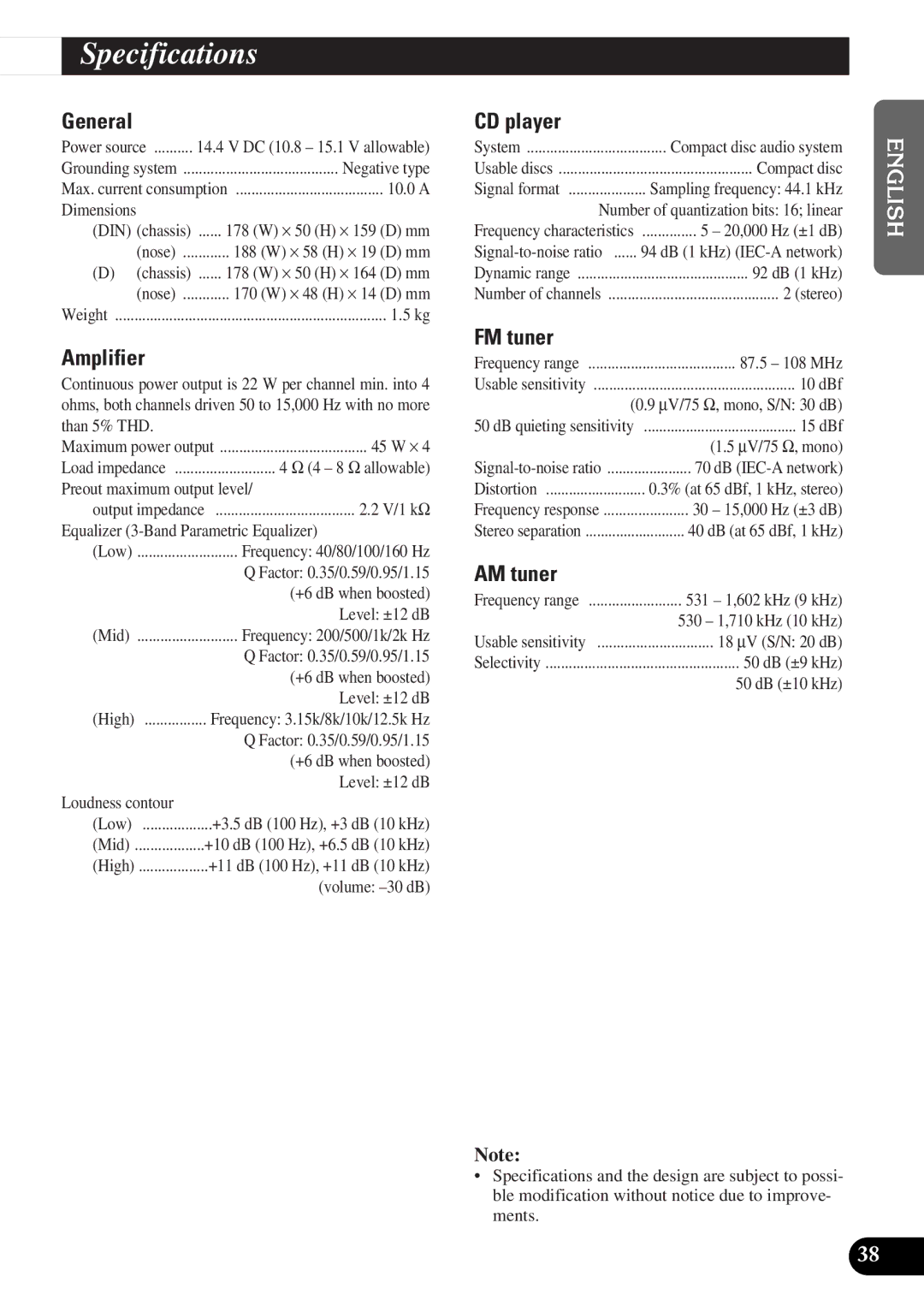 Pioneer DEH-P3150-B operation manual Specifications 