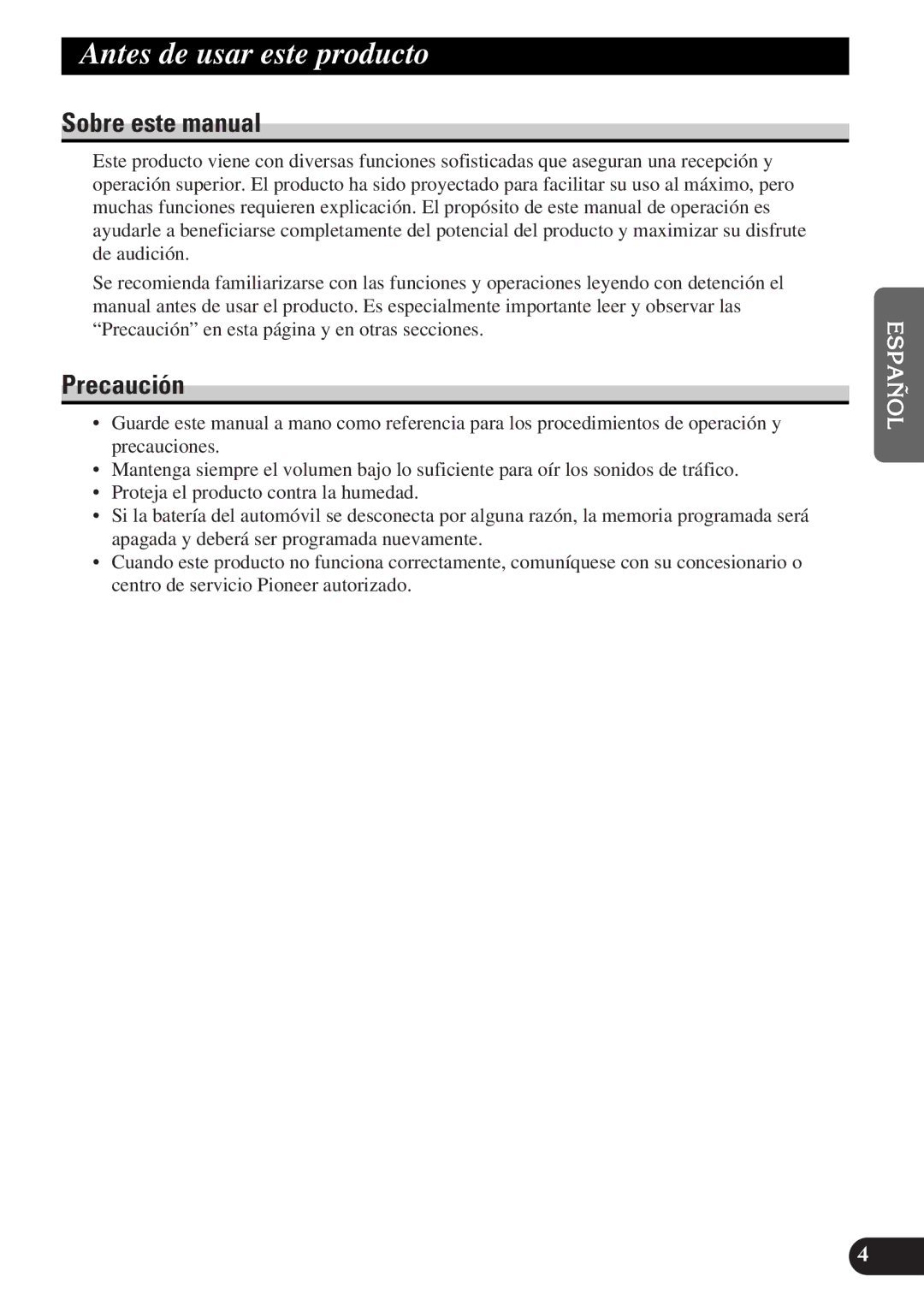 Pioneer DEH-P3150-B operation manual Antes de usar este producto, Sobre este manual, Precaución 