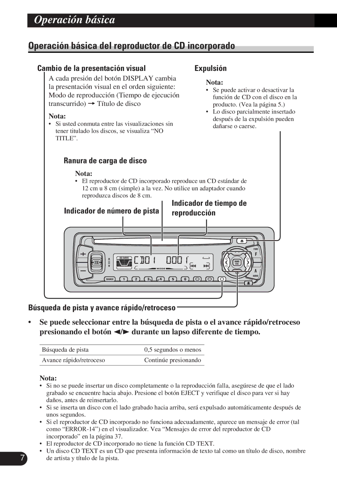 Pioneer DEH-P3150-B Operación básica del reproductor de CD incorporado, Cambio de la presentación visual, Expulsión 