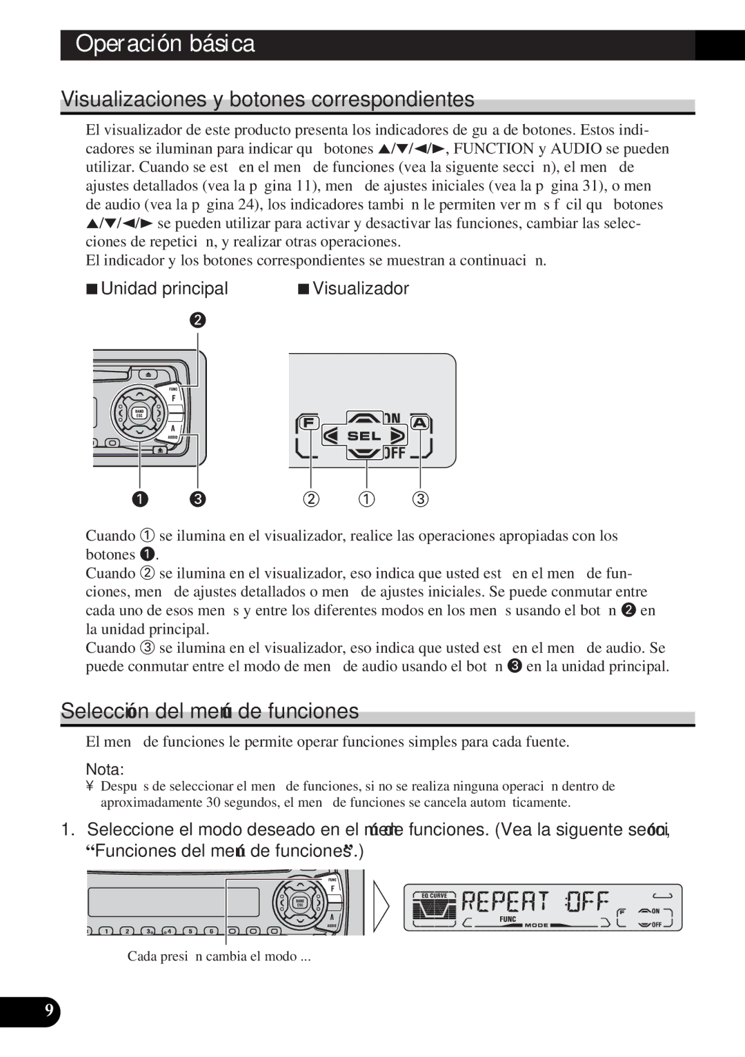 Pioneer DEH-P3150-B Visualizaciones y botones correspondientes, Selección del menú de funciones, 7Unidad principal 