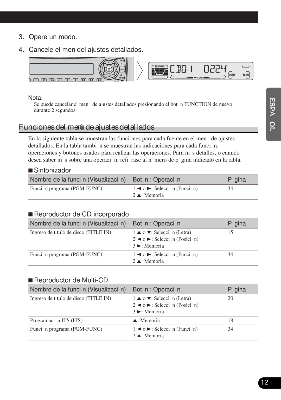 Pioneer DEH-P3150-B Funciones del menú de ajustes detallados, Opere un modo Cancele el menú del ajustes detallados 