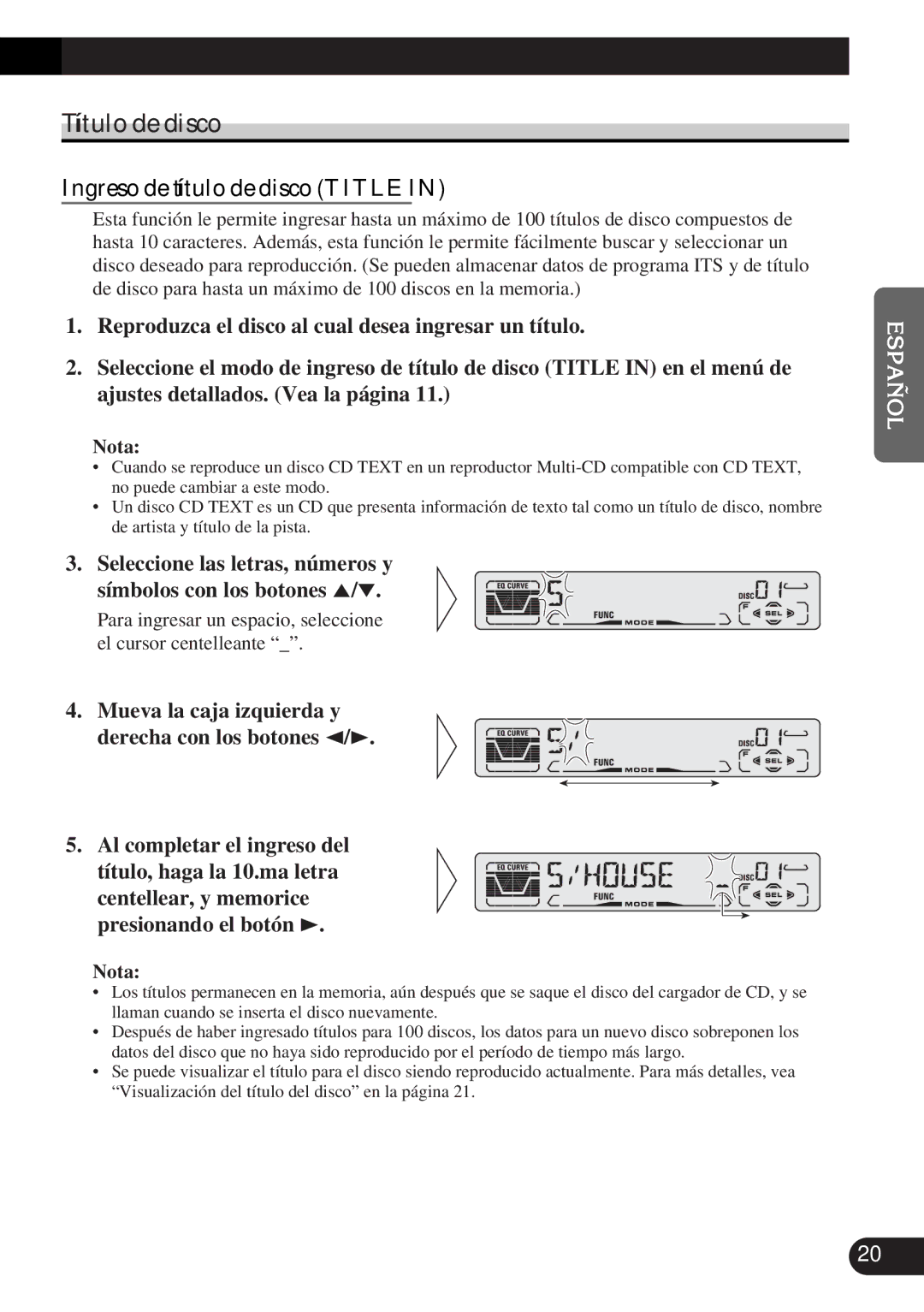 Pioneer DEH-P3150-B operation manual Título de disco, Ingreso de título de disco Title 