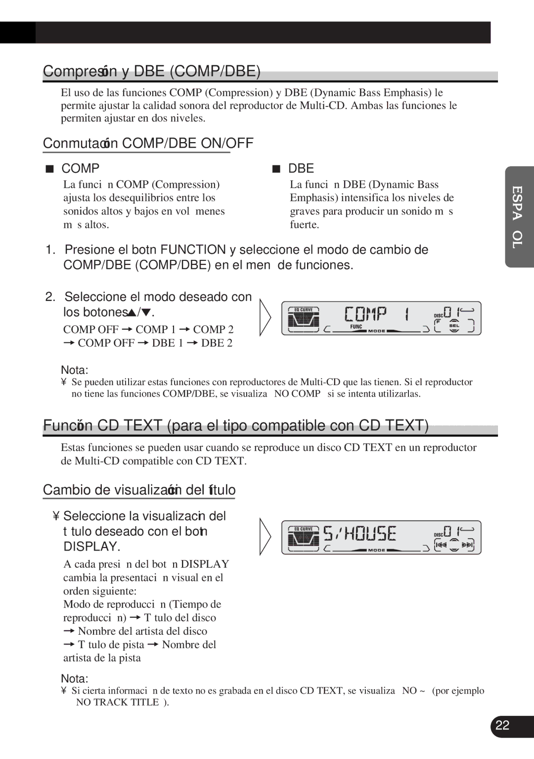 Pioneer DEH-P3150-B operation manual Compresión y DBE COMP/DBE, Función CD Text para el tipo compatible con CD Text 