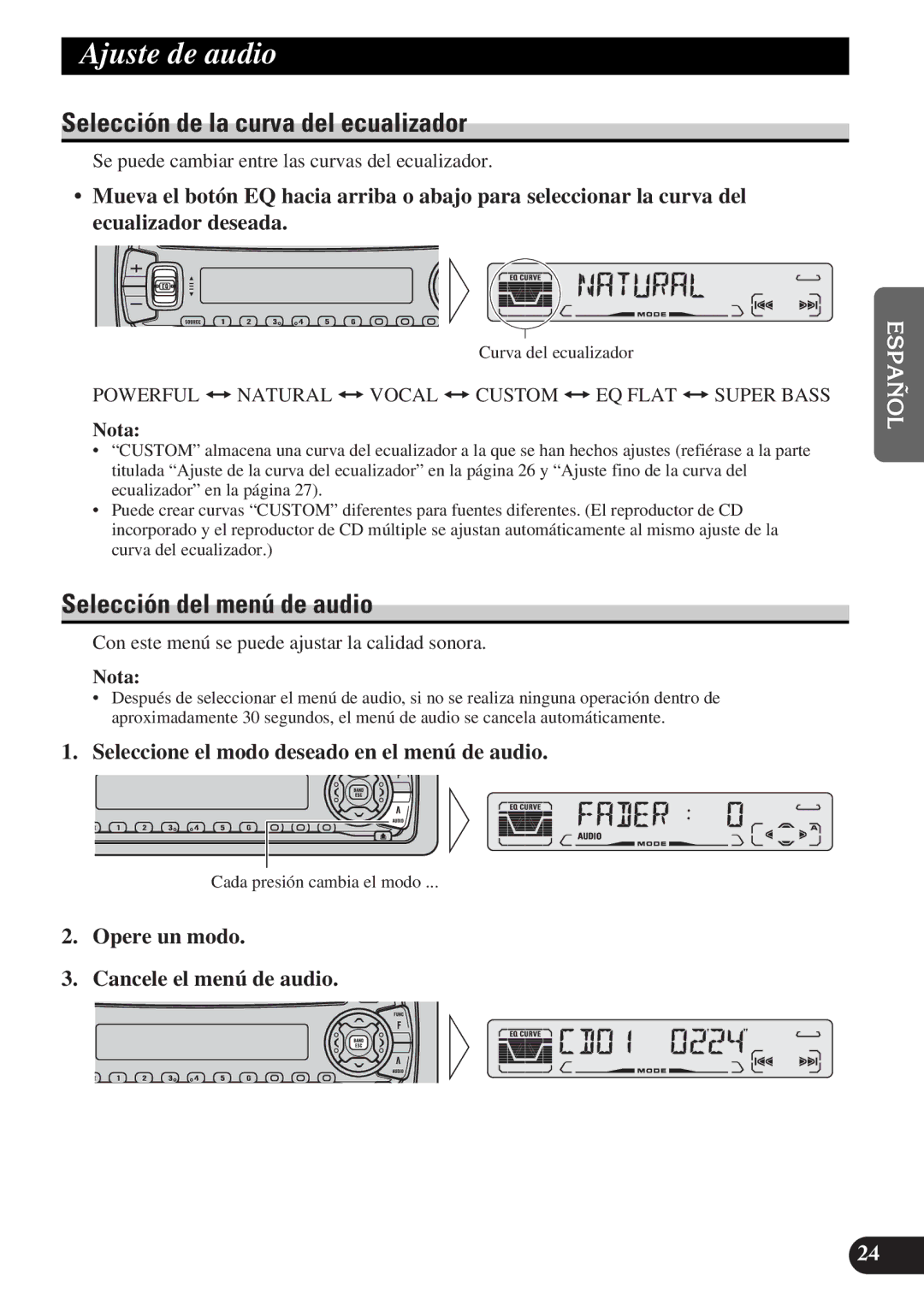 Pioneer DEH-P3150-B operation manual Ajuste de audio, Selección de la curva del ecualizador, Selección del menú de audio 