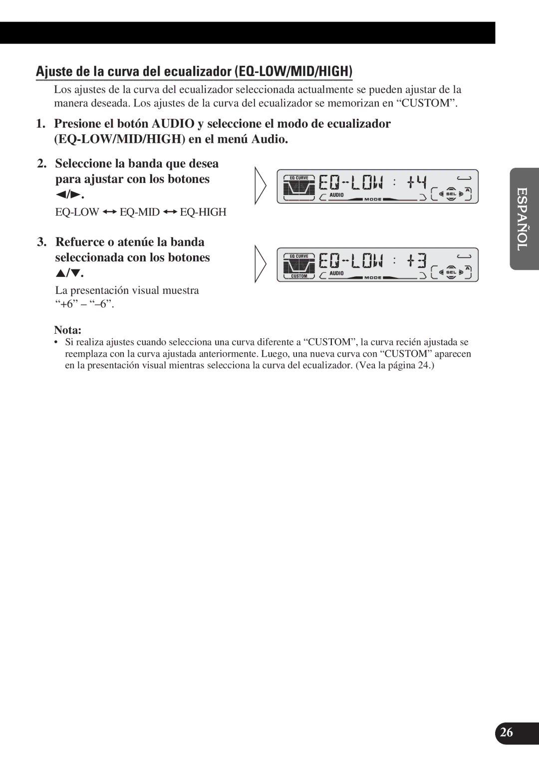 Pioneer DEH-P3150-B operation manual Ajuste de la curva del ecualizador EQ-LOW/MID/HIGH 