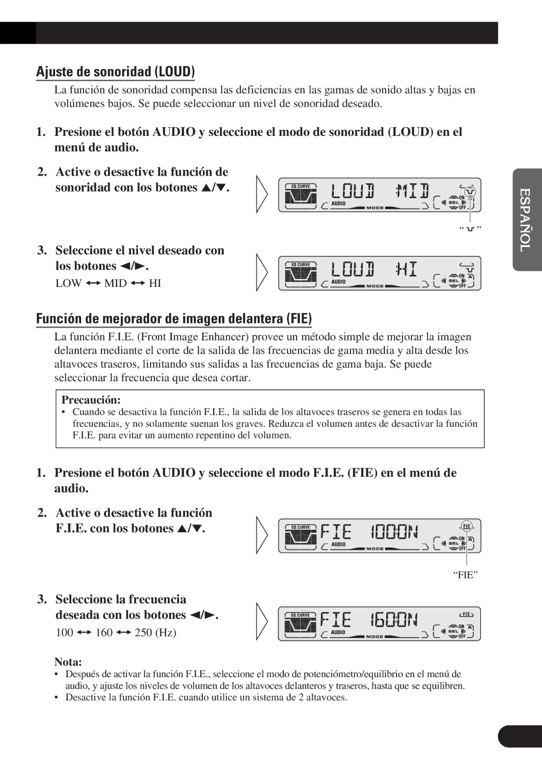 Pioneer DEH-P3150-B operation manual Ajuste de sonoridad Loud, Función de mejorador de imagen delantera FIE, Precaución 