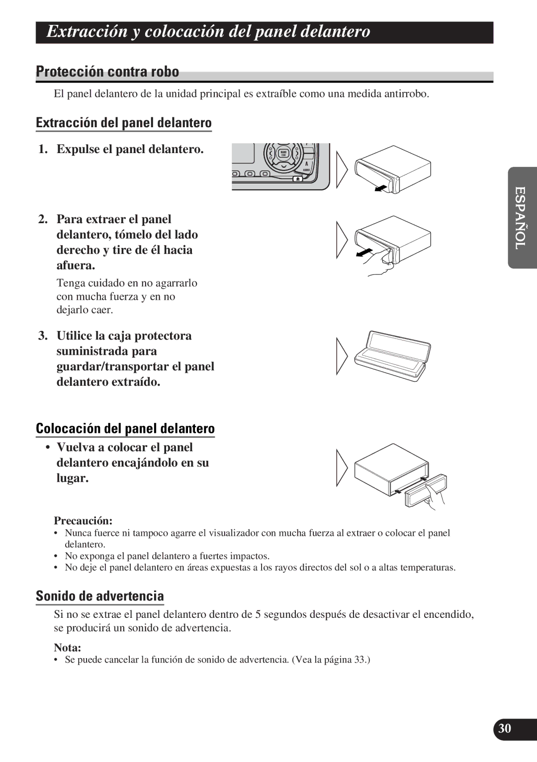 Pioneer DEH-P3150-B Extracción y colocación del panel delantero, Protección contra robo, Extracción del panel delantero 