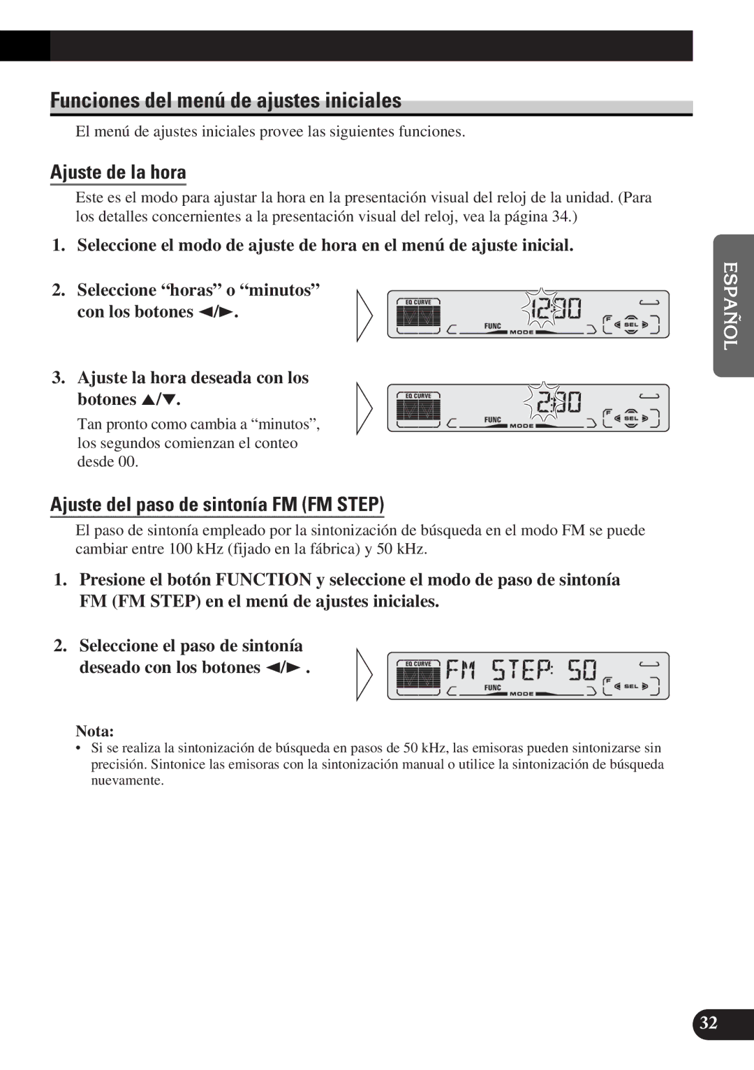 Pioneer DEH-P3150-B Funciones del menú de ajustes iniciales, Ajuste de la hora, Ajuste del paso de sintonía FM FM Step 