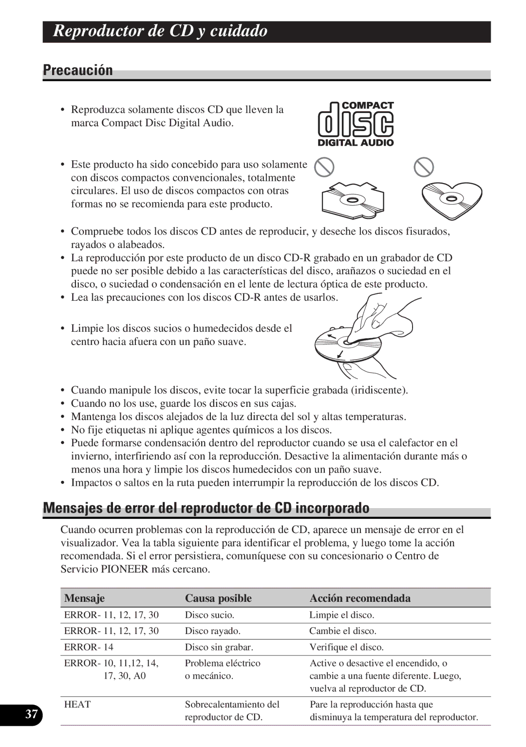 Pioneer DEH-P3150-B operation manual Reproductor de CD y cuidado, Mensajes de error del reproductor de CD incorporado 