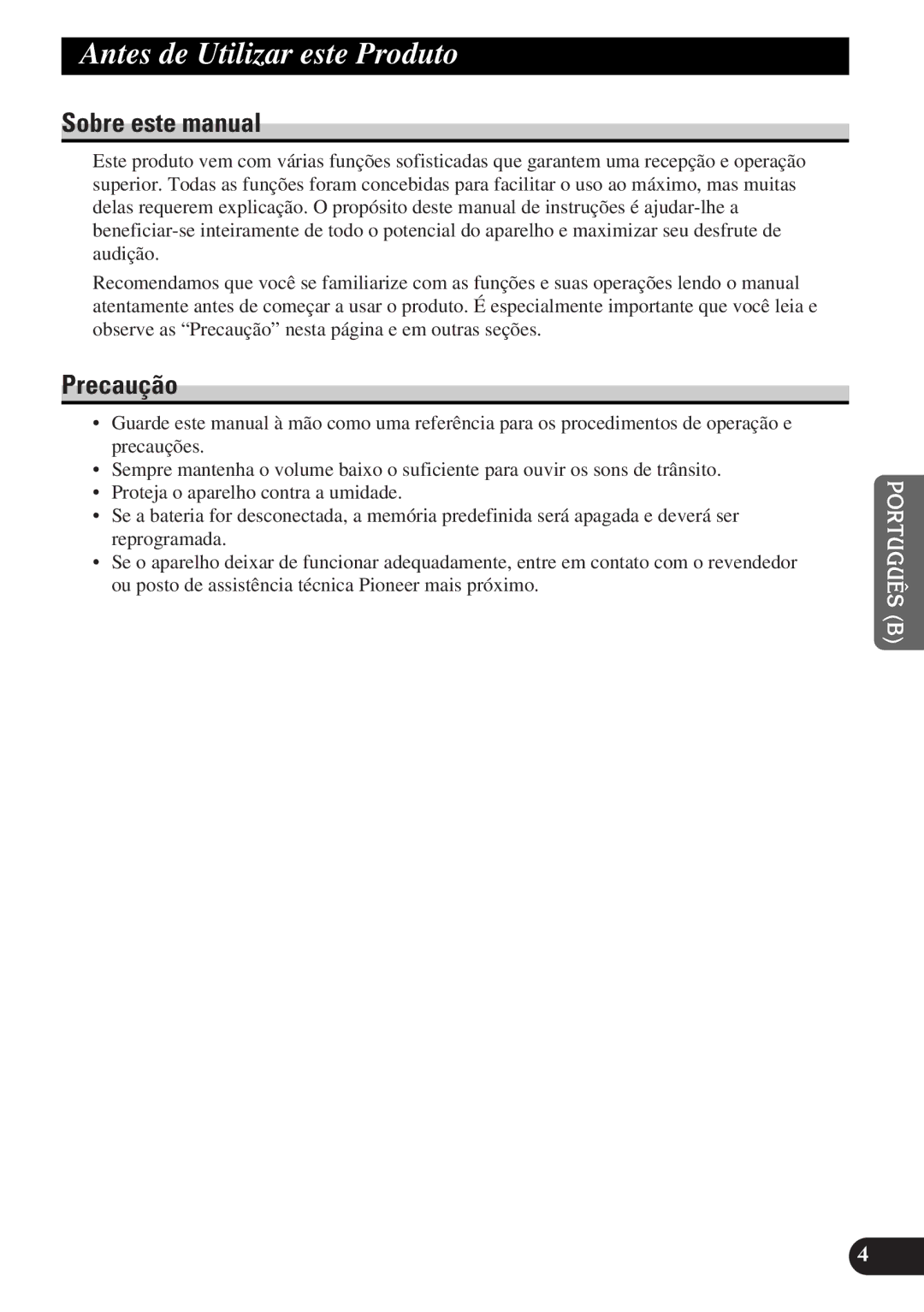 Pioneer DEH-P3150-B operation manual Antes de Utilizar este Produto, Precaução 