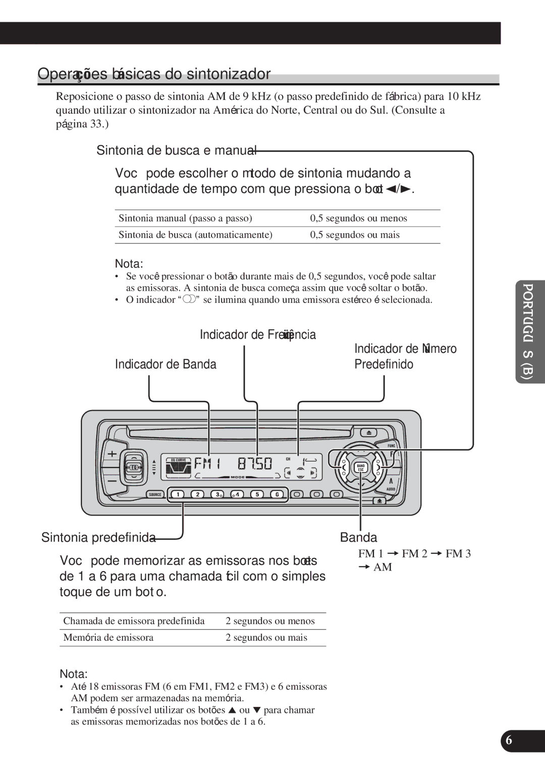 Pioneer DEH-P3150-B Operações básicas do sintonizador, Sintonia de busca e manual, Indicador de Banda Predefinido 