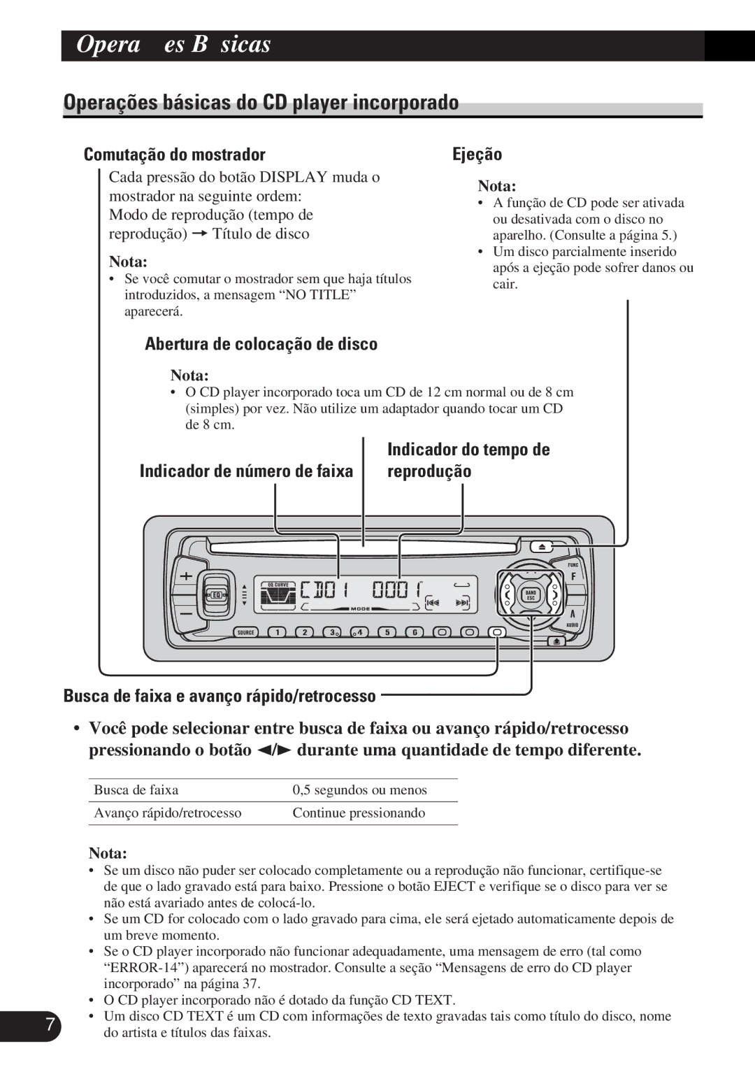 Pioneer DEH-P3150-B operation manual Operações básicas do CD player incorporado, Comutação do mostrador, Ejeção 