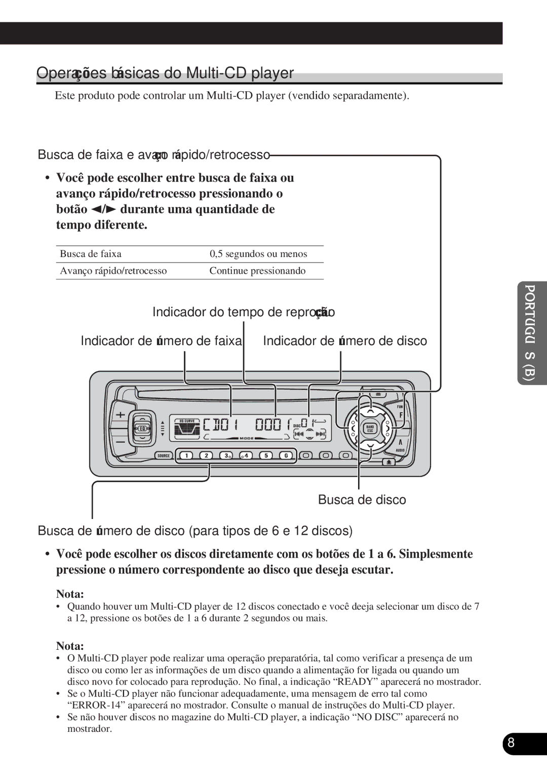 Pioneer DEH-P3150-B operation manual Operações básicas do Multi-CD player, Indicador do tempo de reprodução 