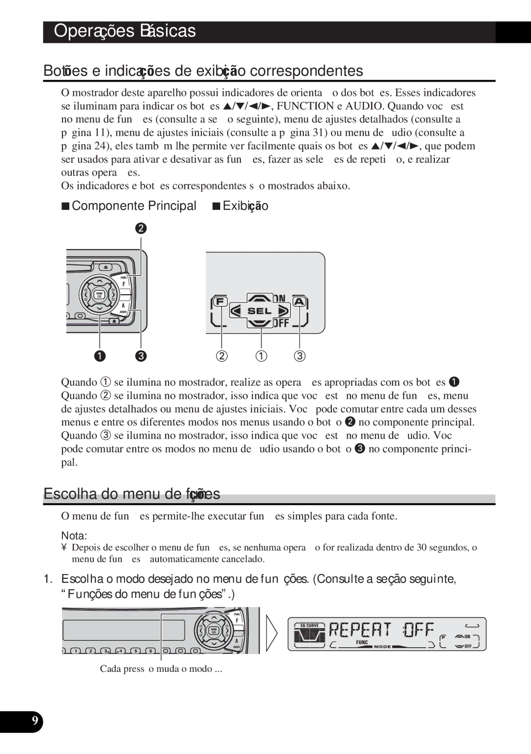 Pioneer DEH-P3150-B Botões e indicações de exibição correspondentes, Escolha do menu de funções, 7Componente Principal 