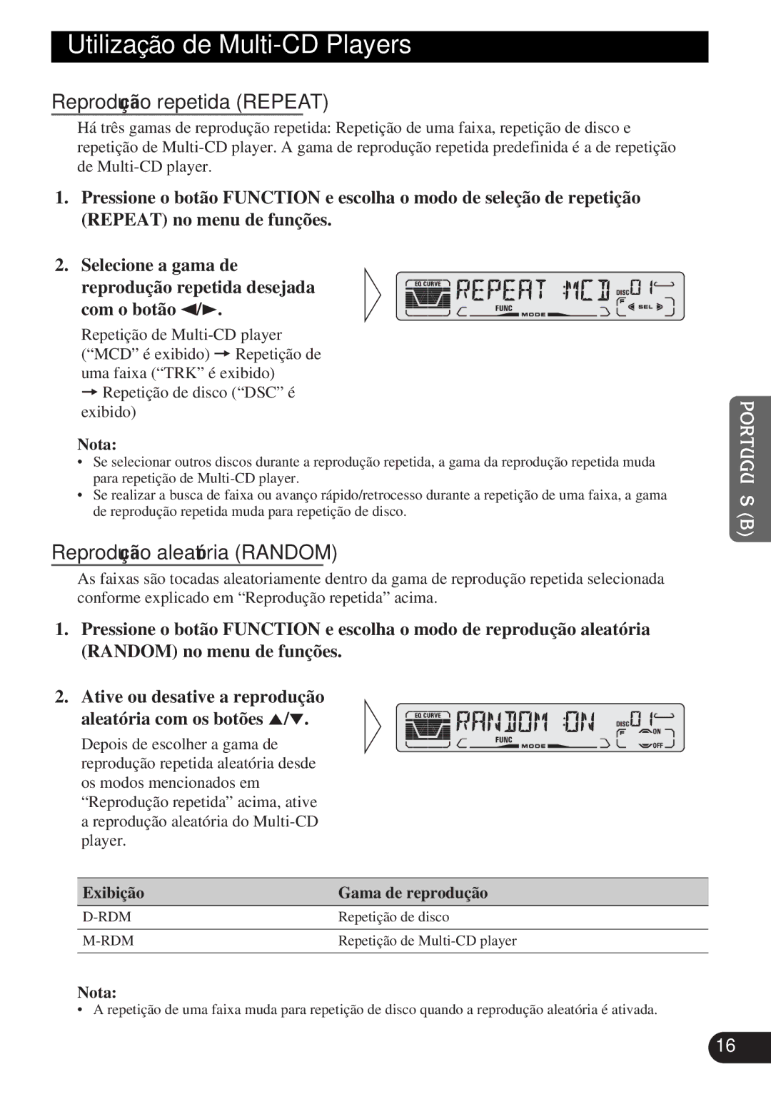 Pioneer DEH-P3150-B operation manual Utilização de Multi-CD Players, Exibição Gama de reprodução 