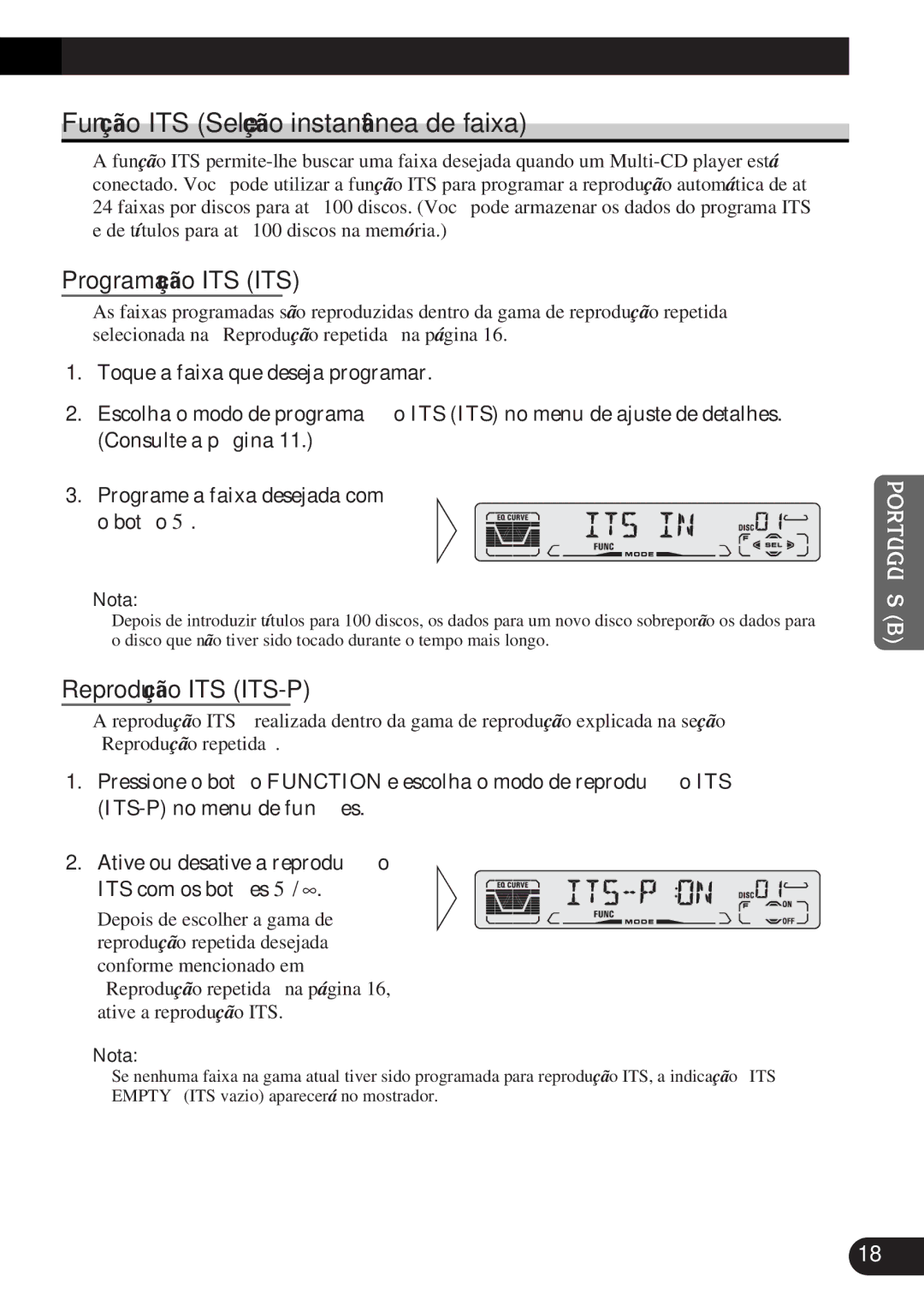 Pioneer DEH-P3150-B operation manual Função ITS Seleção instantânea de faixa, Programação ITS ITS, Reprodução ITS ITS-P 