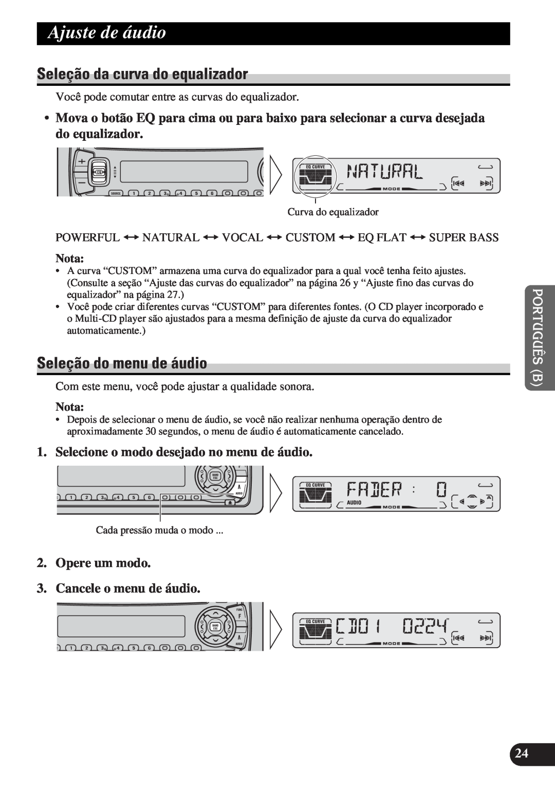 Pioneer DEH-P3150-B operation manual Ajuste de áudio, Seleção da curva do equalizador, Seleção do menu de áudio, Nota 
