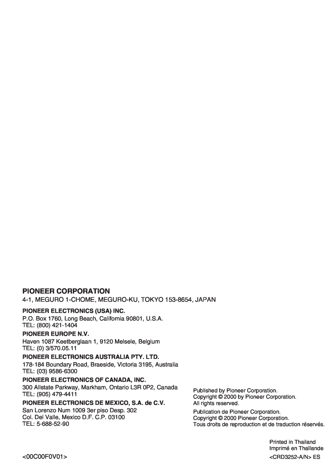 Pioneer DEH-P3150-B operation manual Pioneer Corporation, <00C00F0V01>, Pioneer Electronics Usa Inc, Pioneer Europe N.V 
