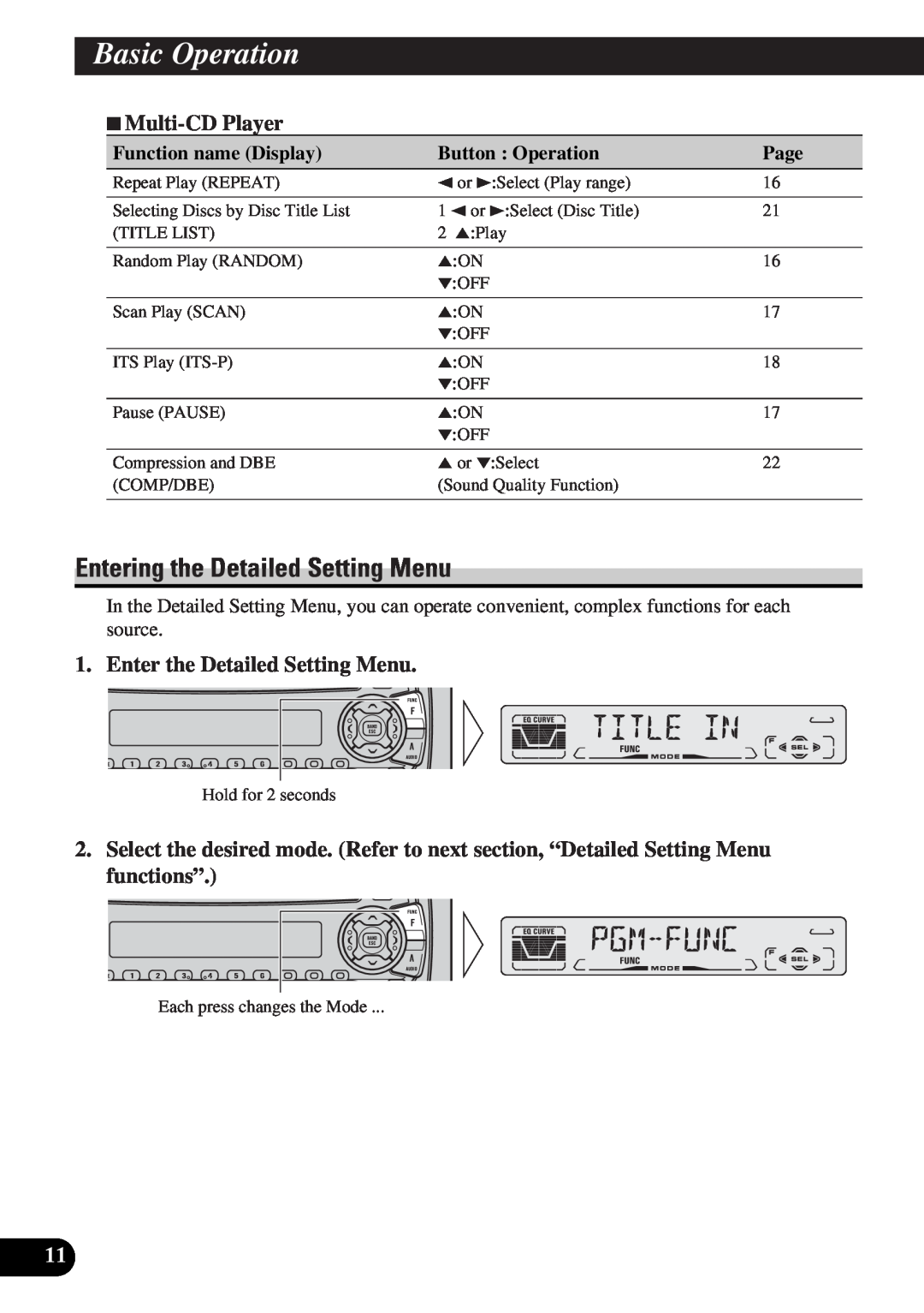 Pioneer DEH-P3150-B Entering the Detailed Setting Menu, 7Multi-CDPlayer, Enter the Detailed Setting Menu, Basic Operation 