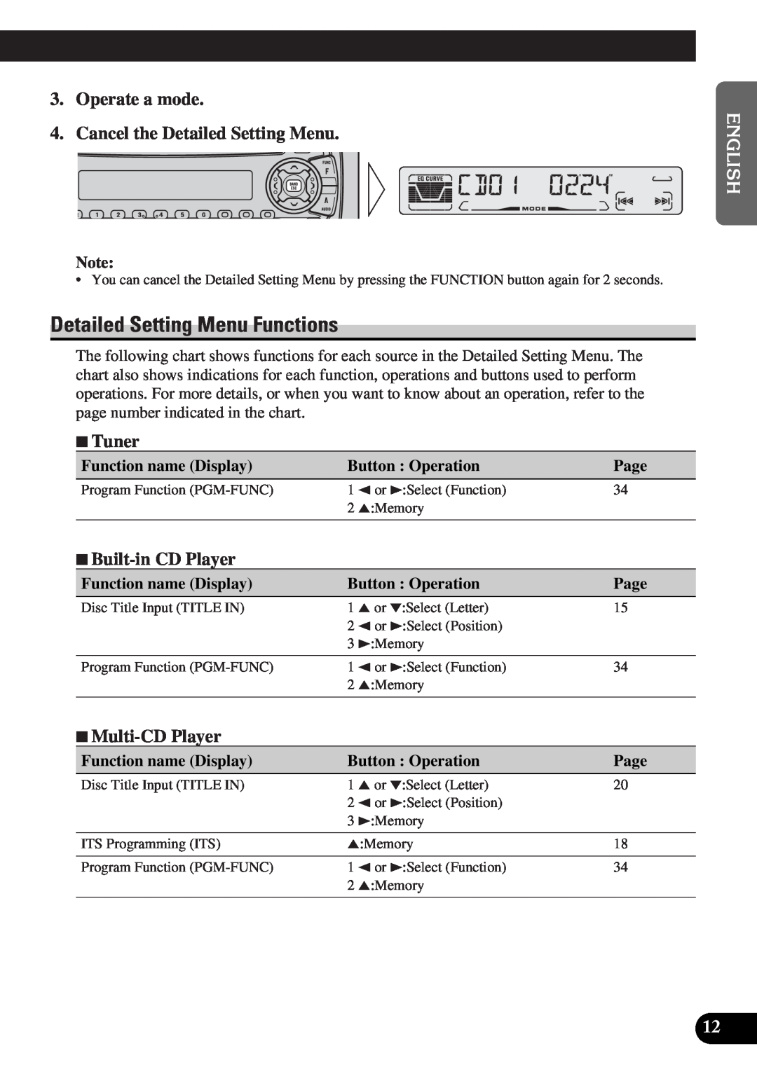 Pioneer DEH-P3150-B Detailed Setting Menu Functions, Operate a mode, Cancel the Detailed Setting Menu, 7Tuner, Page 