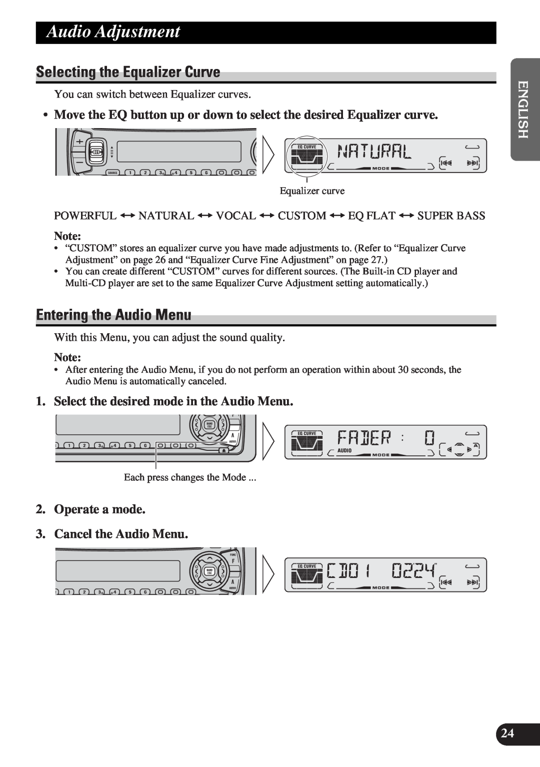 Pioneer DEH-P3150-B operation manual Audio Adjustment, Selecting the Equalizer Curve, Entering the Audio Menu 