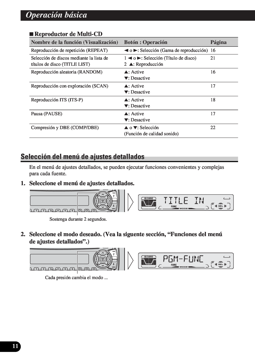 Pioneer DEH-P3150-B Selección del menú de ajustes detallados, 7Reproductor de Multi-CD, Operación básica, Página 
