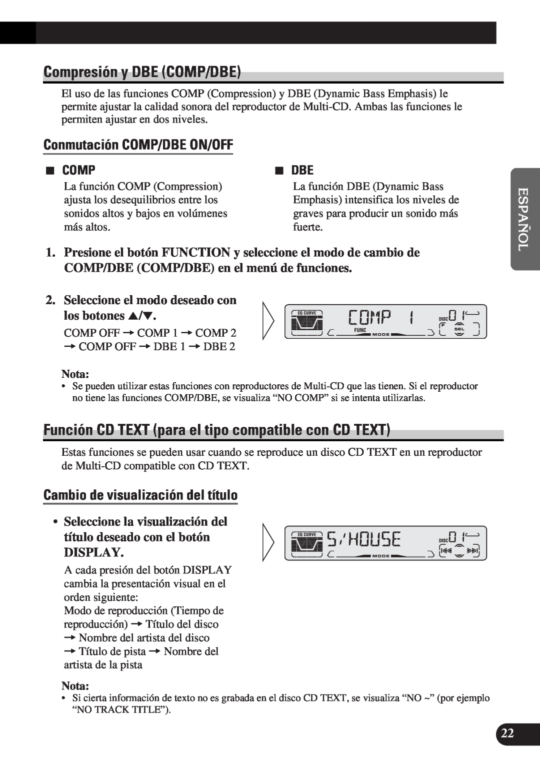 Pioneer DEH-P3150-B Compresión y DBE COMP/DBE, Conmutación COMP/DBE ON/OFF, Cambio de visualización del título, 7 DBE 