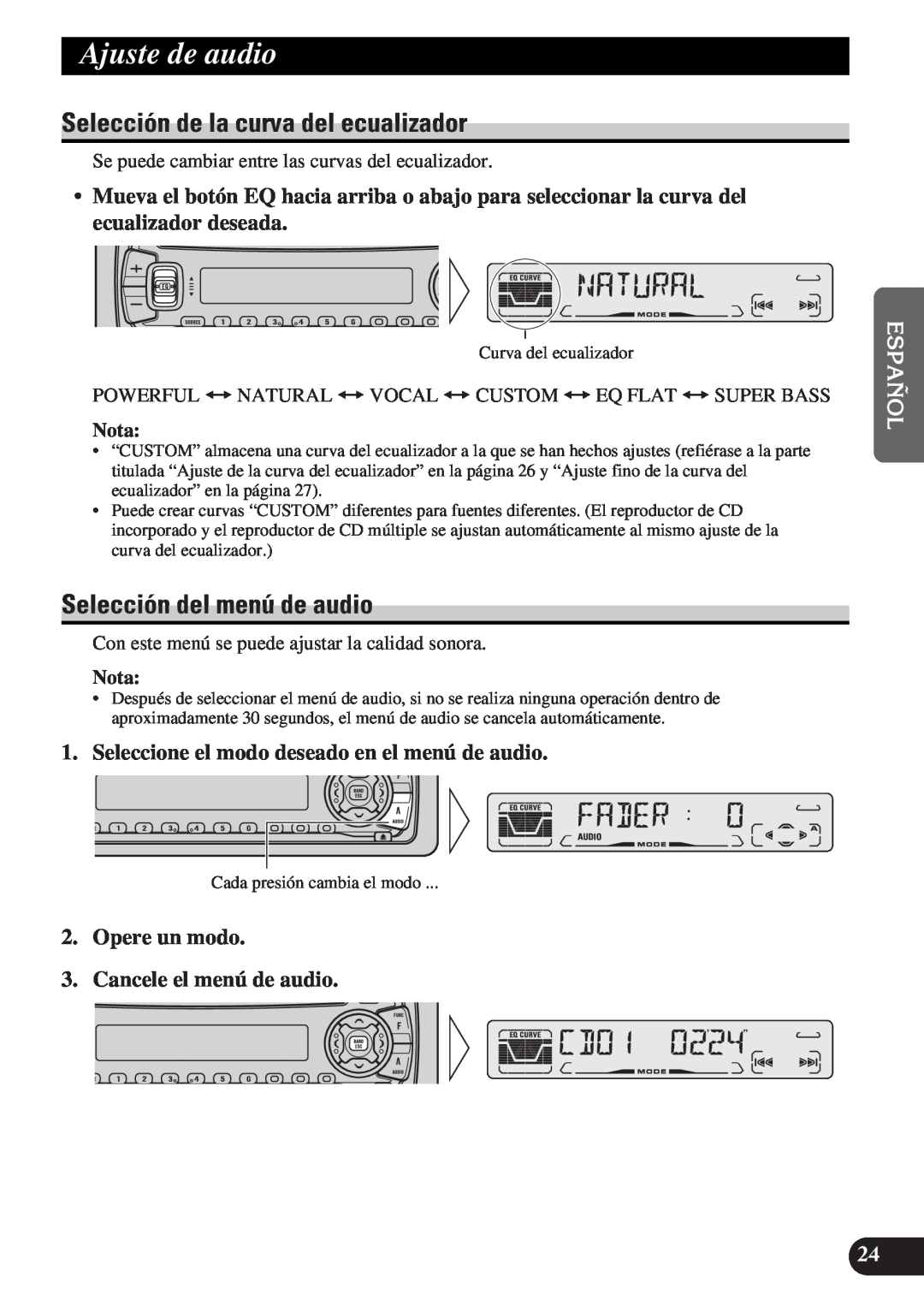 Pioneer DEH-P3150-B Ajuste de audio, Selección de la curva del ecualizador, Selección del menú de audio, Nota 