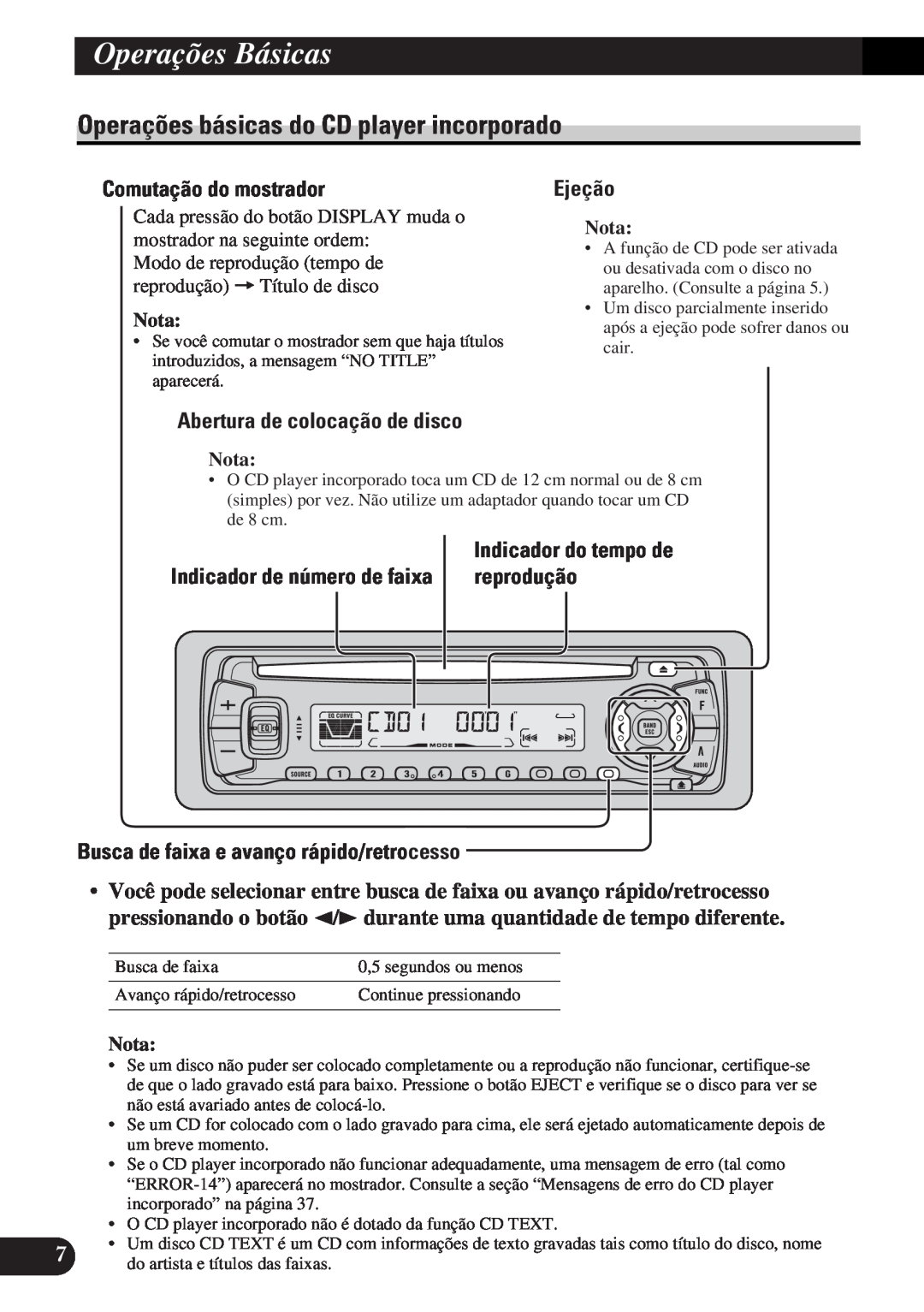 Pioneer DEH-P3150-B Operações básicas do CD player incorporado, Comutação do mostrador, Ejeção, Operações Básicas, Nota 