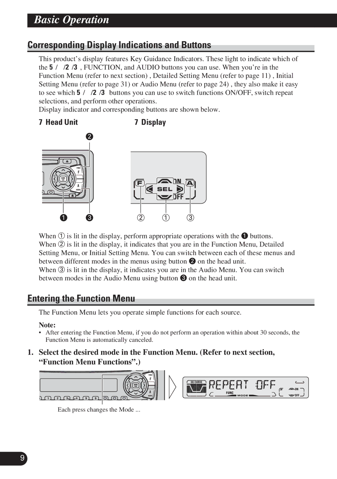 Pioneer DEH-P3150 Corresponding Display Indications and Buttons, Entering the Function Menu, 7Head Unit 7Display 