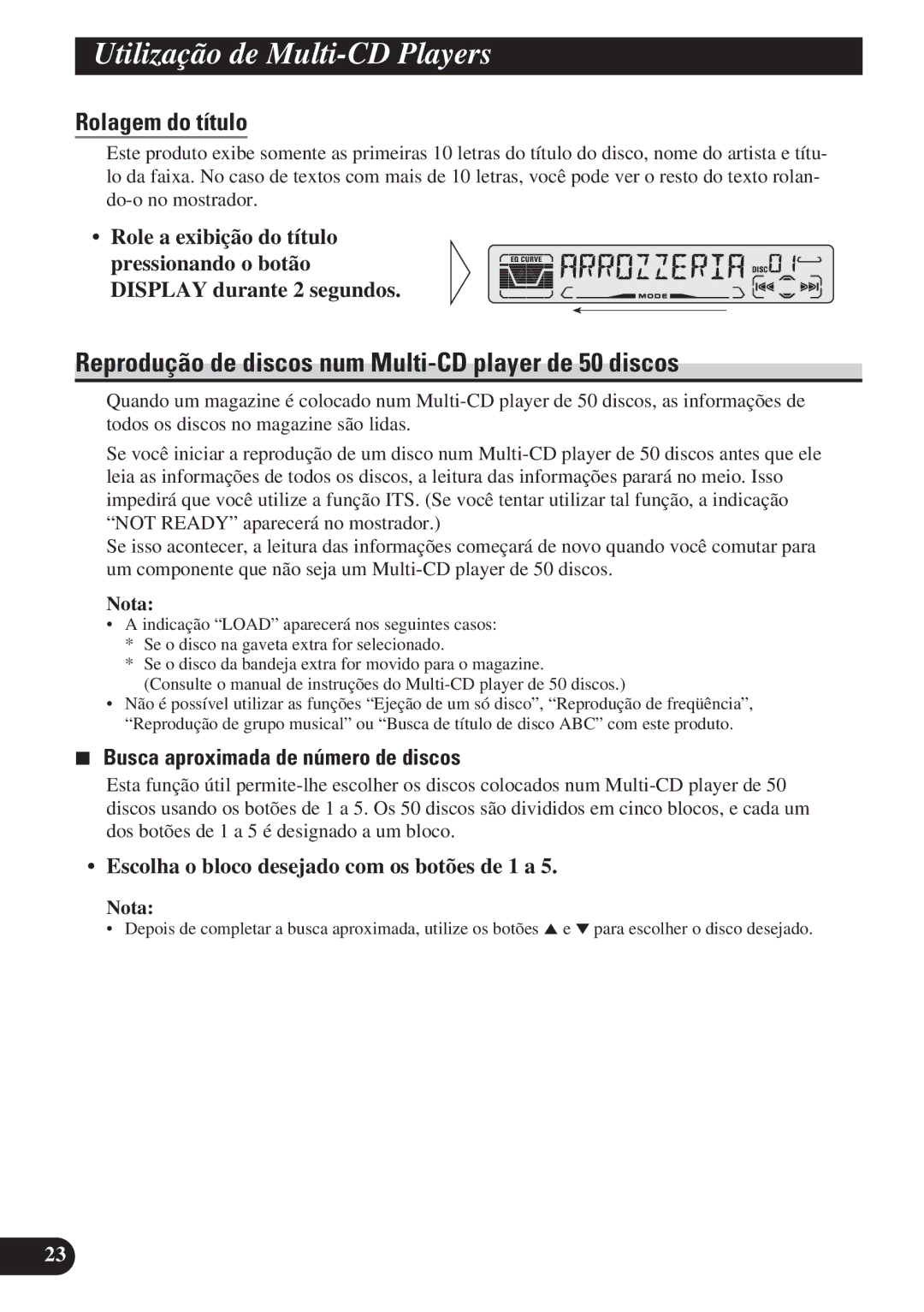 Pioneer DEH-P3150 operation manual Reprodução de discos num Multi-CD player de 50 discos, Rolagem do título 