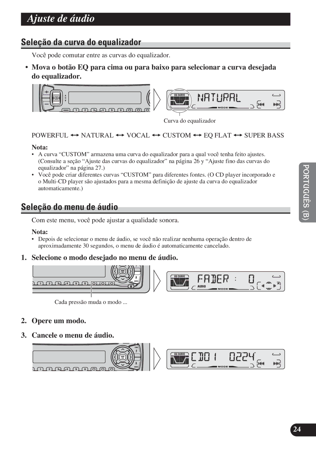 Pioneer DEH-P3150 operation manual Ajuste de áudio, Seleção da curva do equalizador, Seleção do menu de áudio 