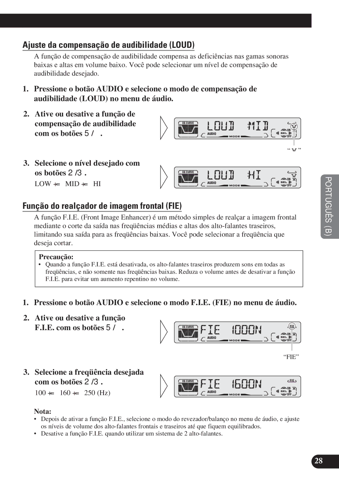 Pioneer DEH-P3150 Ajuste da compensação de audibilidade Loud, Função do realçador de imagem frontal FIE, Precaução 