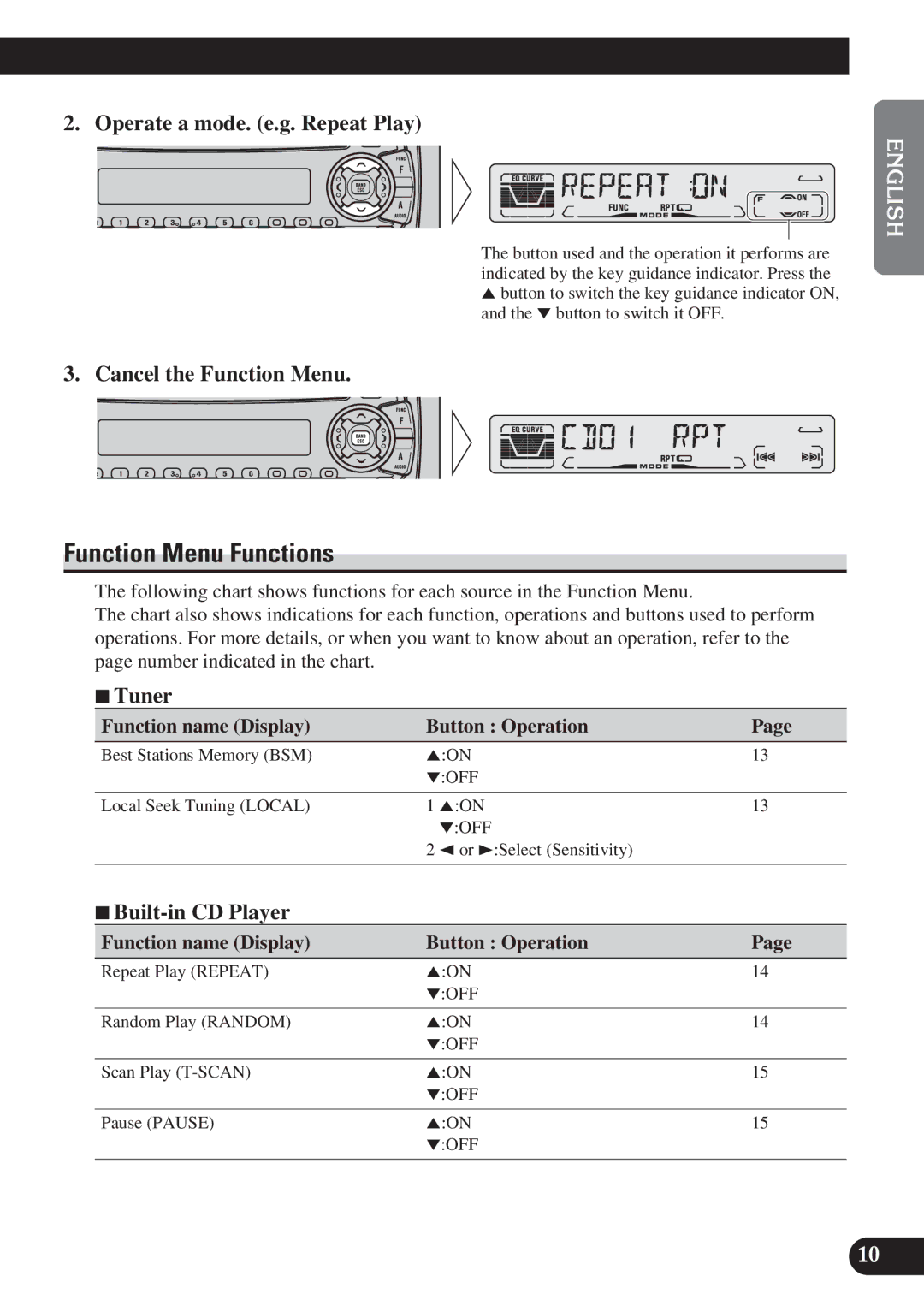 Pioneer DEH-P3150 Function Menu Functions, Operate a mode. e.g. Repeat Play, Cancel the Function Menu, 7Tuner 