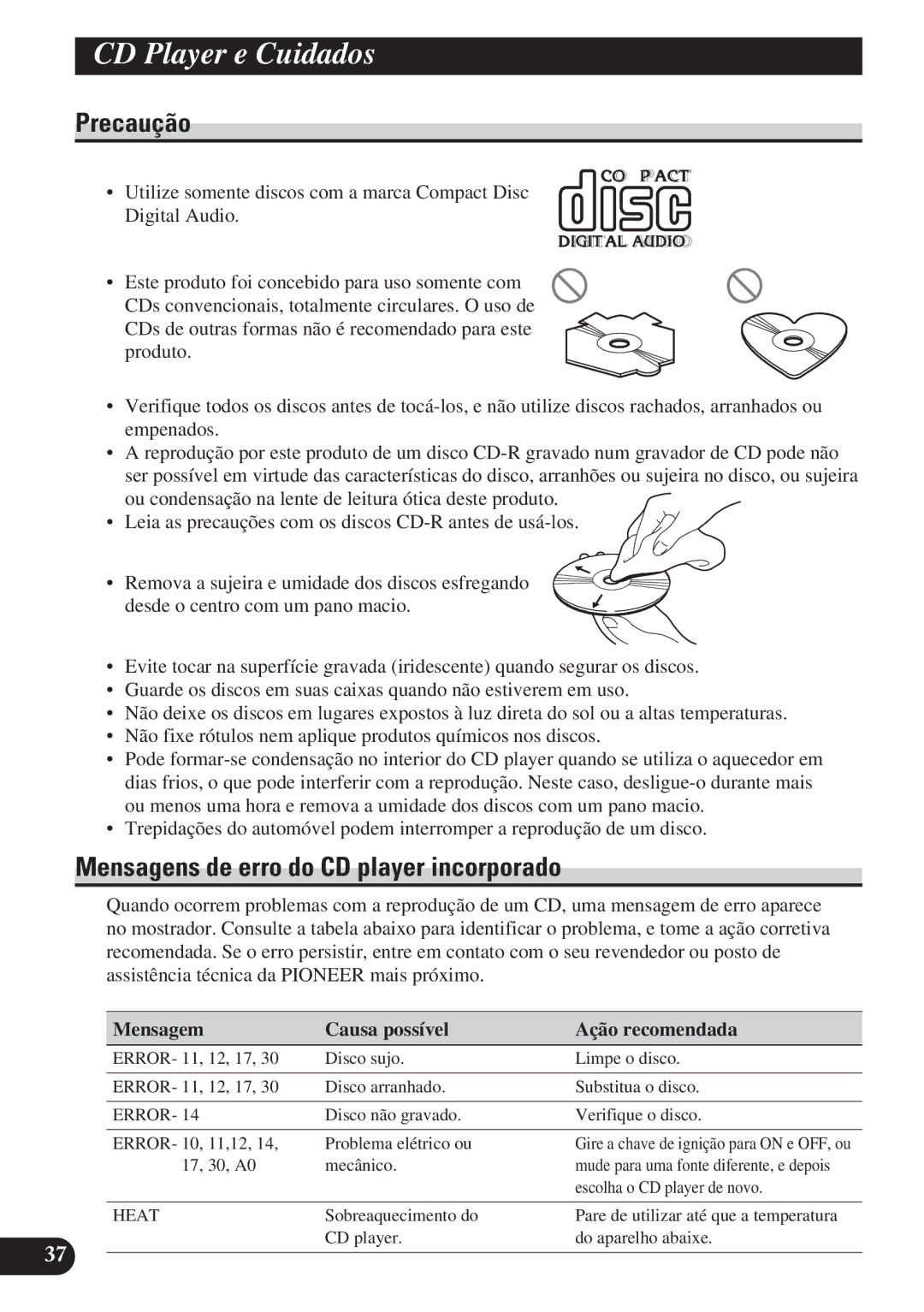 Pioneer DEH-P3150 operation manual CD Player e Cuidados, Mensagens de erro do CD player incorporado 