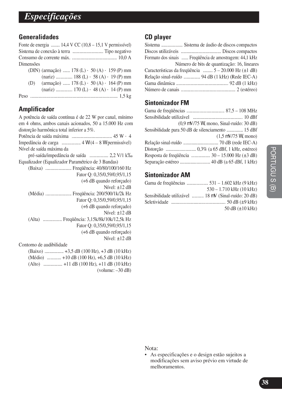 Pioneer DEH-P3150 operation manual Especificações, Dimensões 