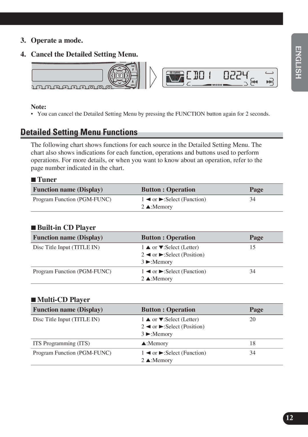 Pioneer DEH-P3150 operation manual Detailed Setting Menu Functions, Operate a mode Cancel the Detailed Setting Menu 