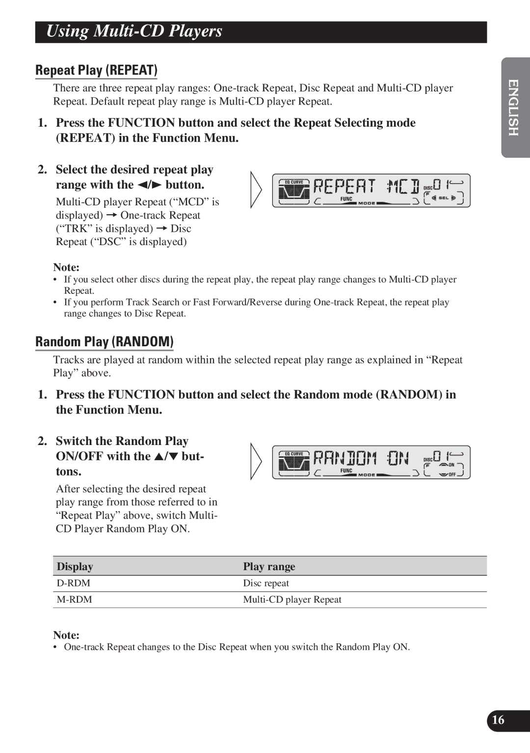 Pioneer DEH-P3150 operation manual Using Multi-CD Players, Display Play range 