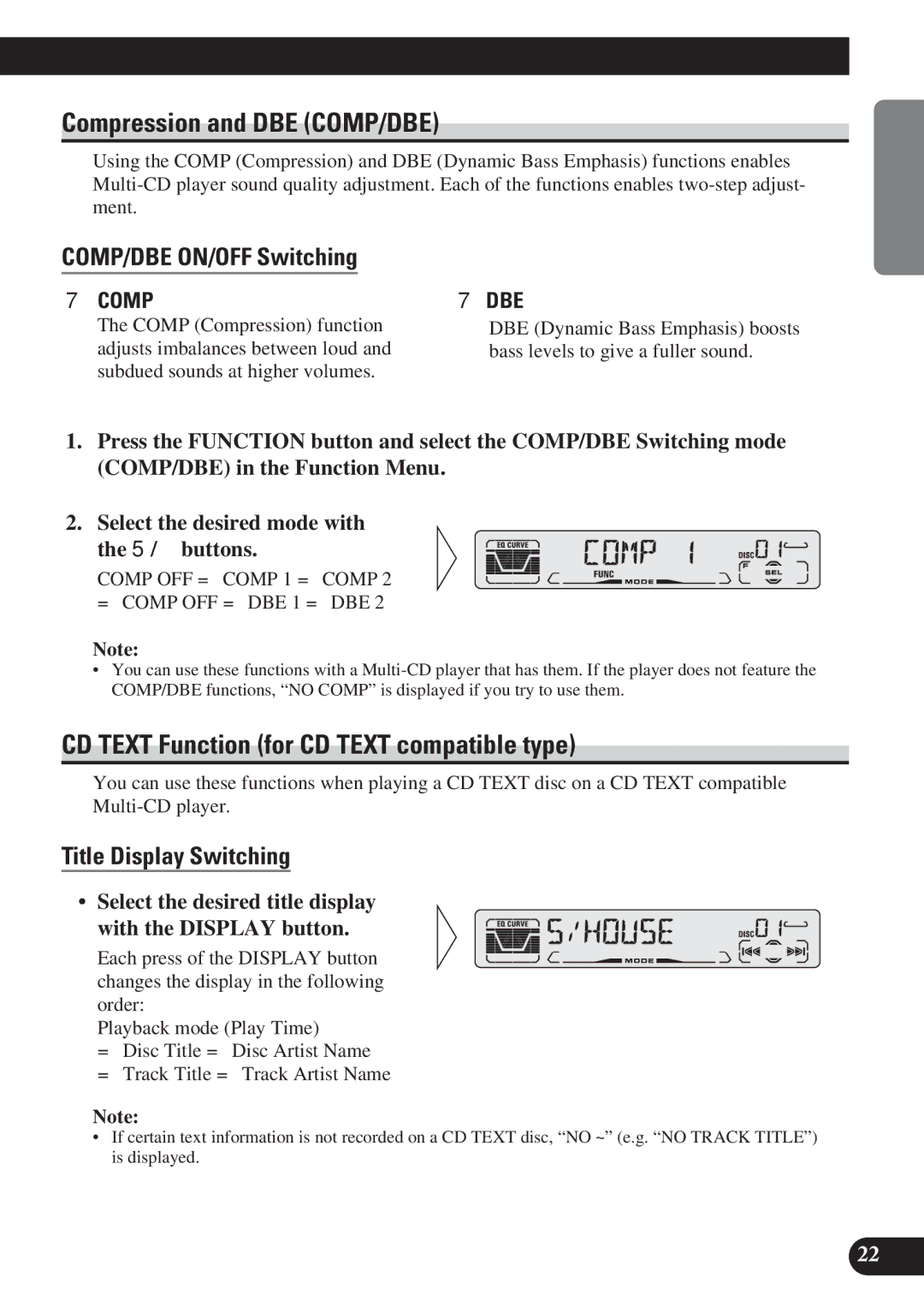 Pioneer DEH-P3150 Compression and DBE COMP/DBE, CD Text Function for CD Text compatible type, COMP/DBE ON/OFF Switching 