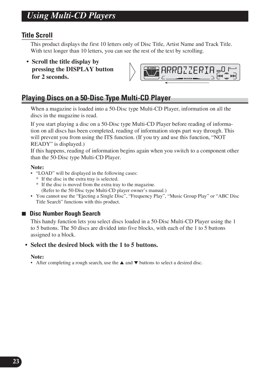 Pioneer DEH-P3150 operation manual Playing Discs on a 50-Disc Type Multi-CD Player, Title Scroll, Disc Number Rough Search 