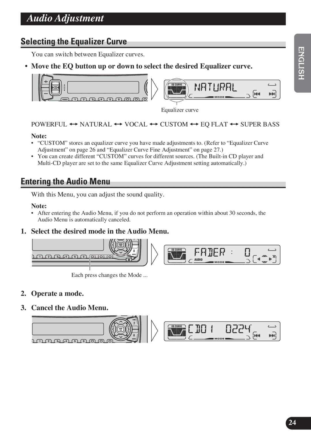 Pioneer DEH-P3150 operation manual Audio Adjustment, Selecting the Equalizer Curve, Entering the Audio Menu 