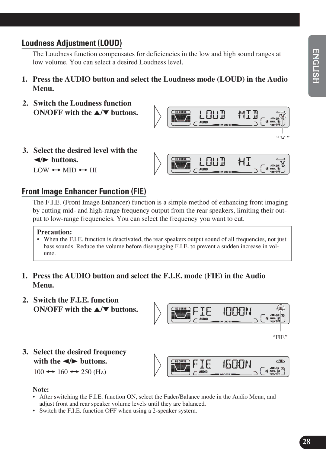 Pioneer DEH-P3150 operation manual Loudness Adjustment Loud, Front Image Enhancer Function FIE, Precaution 