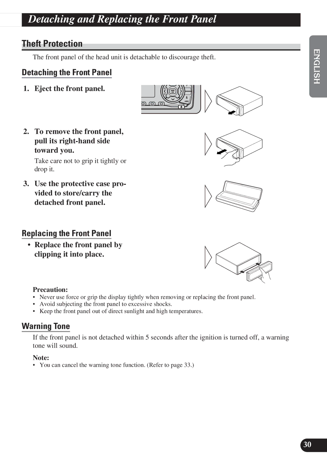 Pioneer DEH-P3150 operation manual Detaching and Replacing the Front Panel, Theft Protection, Detaching the Front Panel 