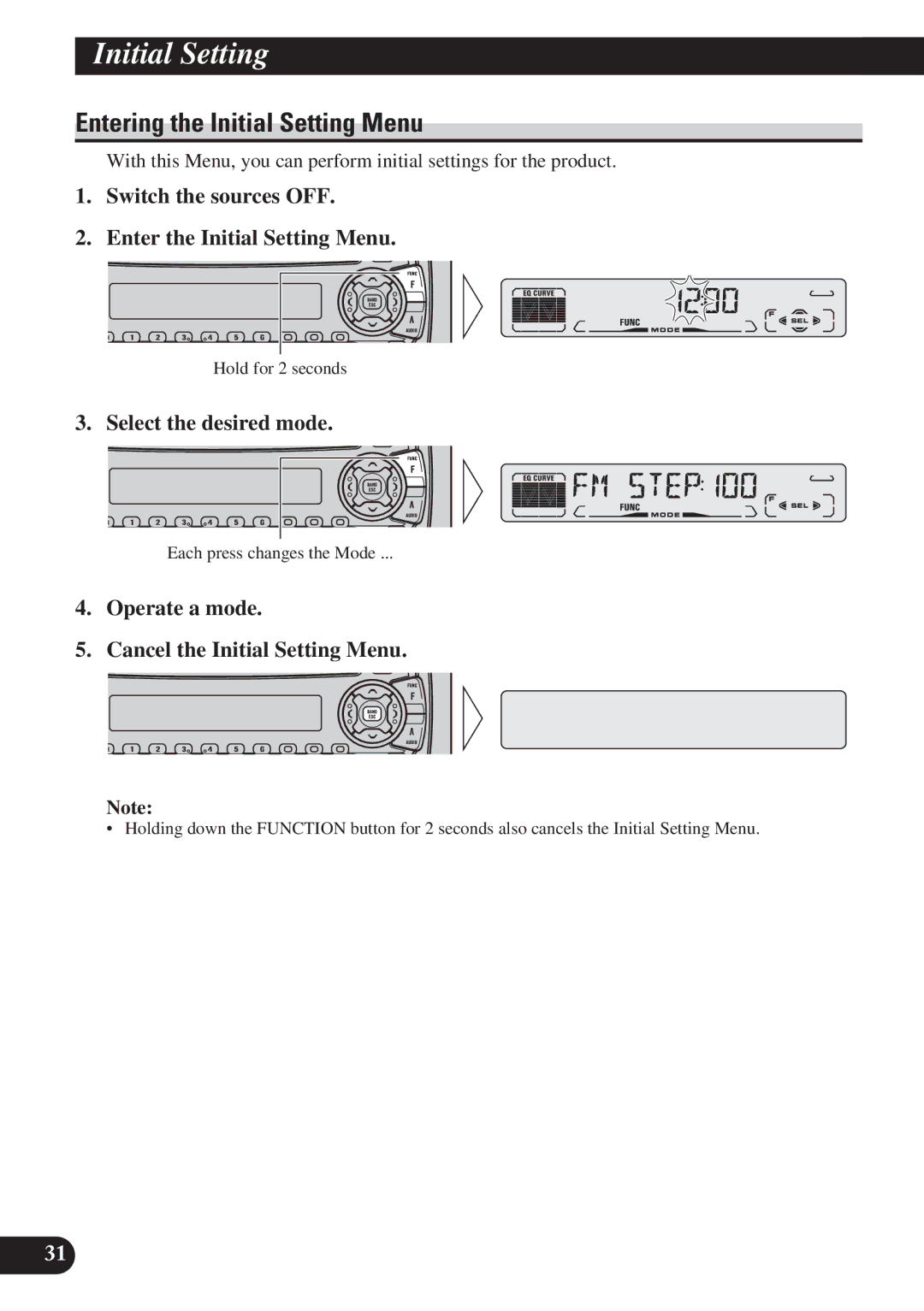 Pioneer DEH-P3150 Entering the Initial Setting Menu, Switch the sources OFF Enter the Initial Setting Menu 