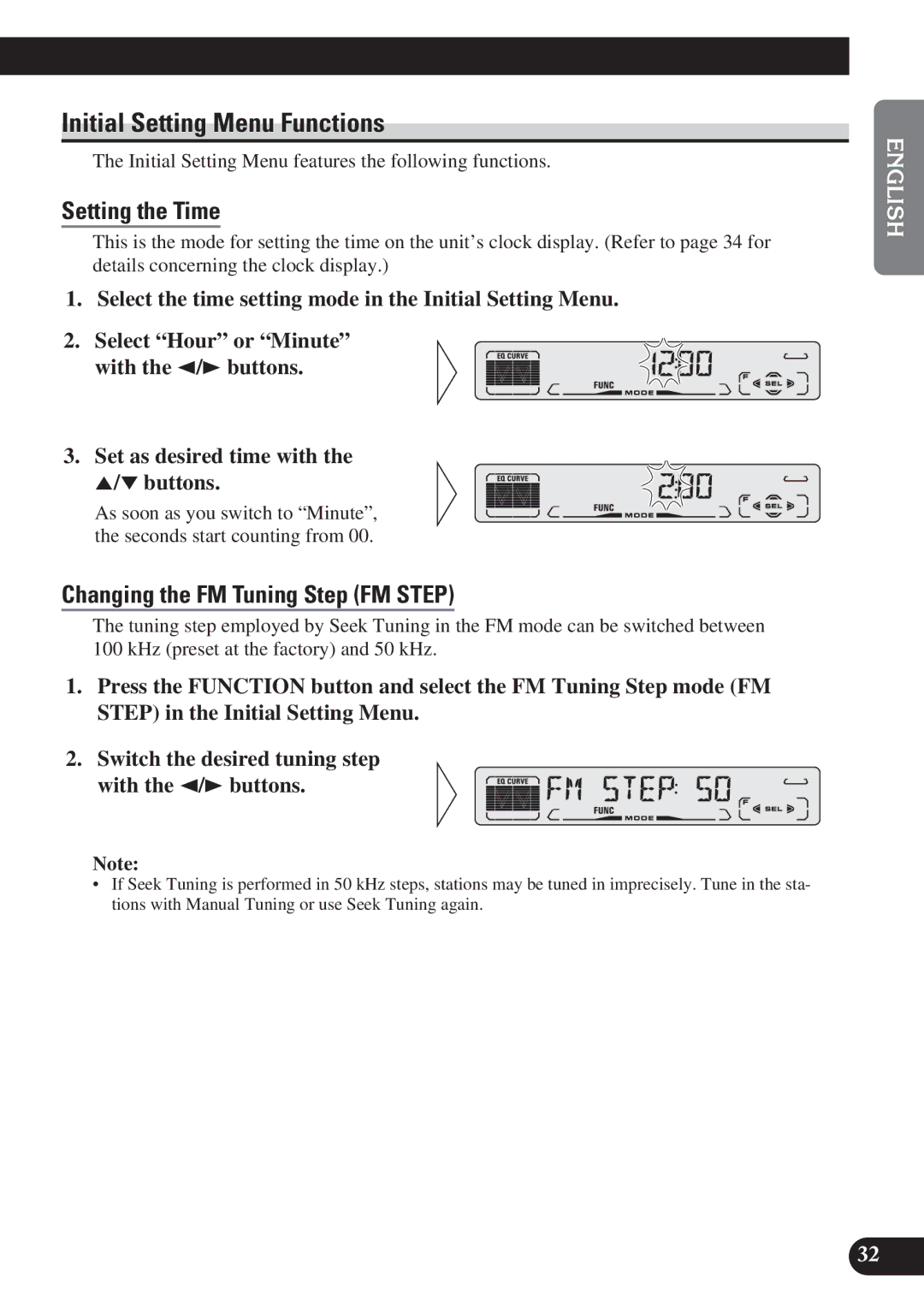 Pioneer DEH-P3150 operation manual Initial Setting Menu Functions, Setting the Time, Changing the FM Tuning Step FM Step 