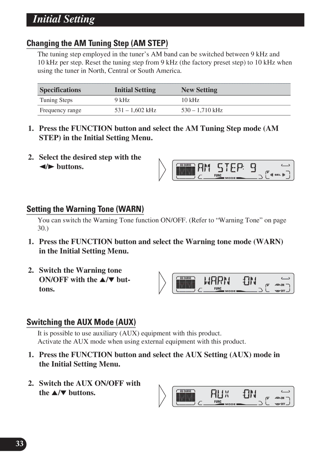 Pioneer DEH-P3150 Changing the AM Tuning Step AM Step, Setting the Warning Tone Warn, Switching the AUX Mode AUX 