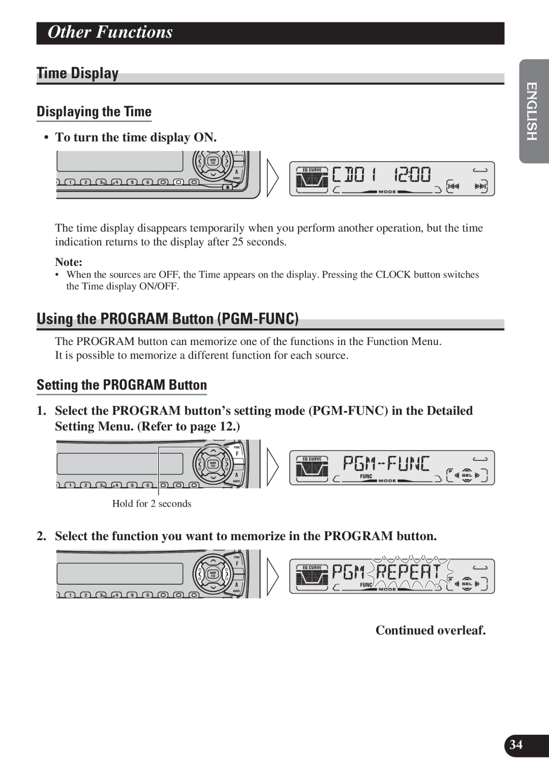 Pioneer DEH-P3150 operation manual Other Functions, Time Display, Using the Program Button PGM-FUNC, Displaying the Time 