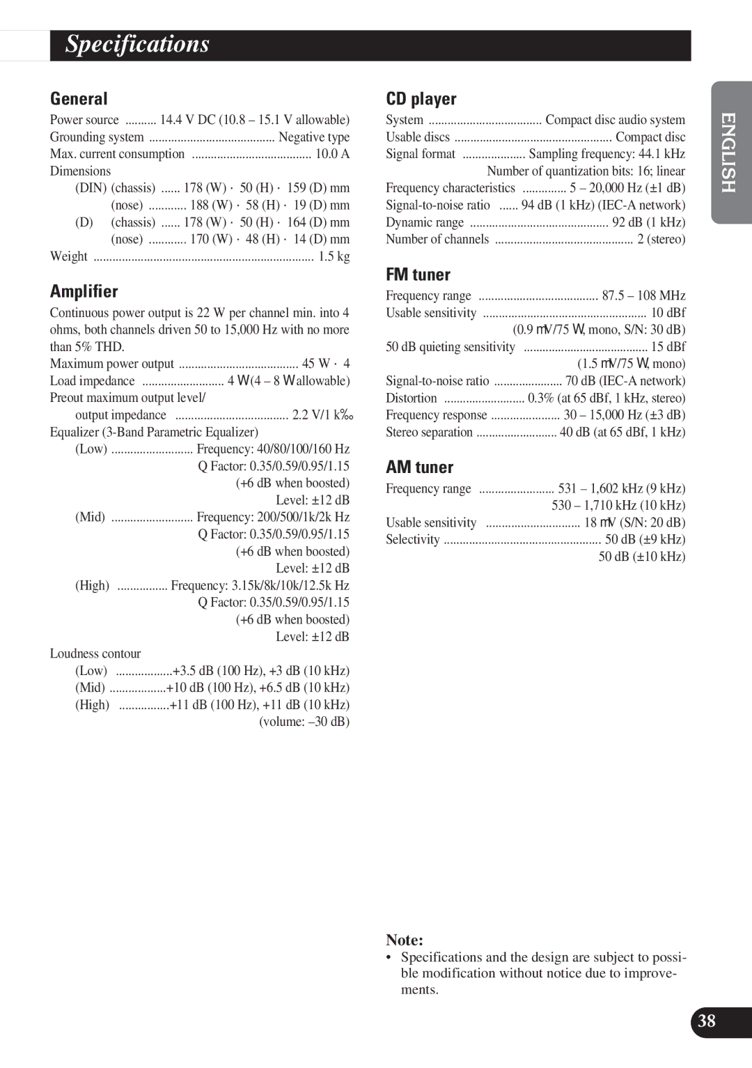 Pioneer DEH-P3150 operation manual Specifications 