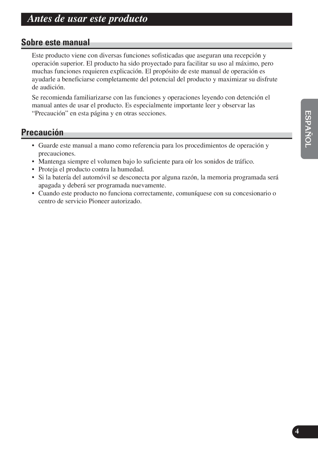 Pioneer DEH-P3150 operation manual Antes de usar este producto, Sobre este manual, Precaución 